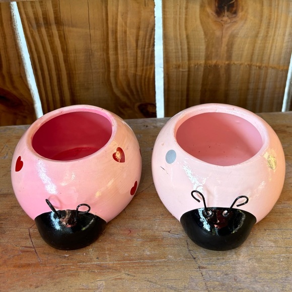 2 Rocket Farms Pink Lovebug Ladybug Mini Planters Silver Polka Dots & Red Hearts - Picture 9 of 9